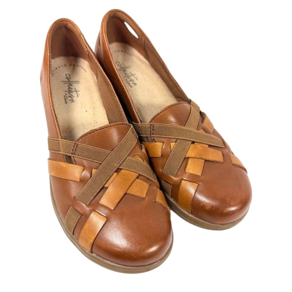 Clarks Womens 6 M Brown Leather Weave Slip On Step June Shell Loafer